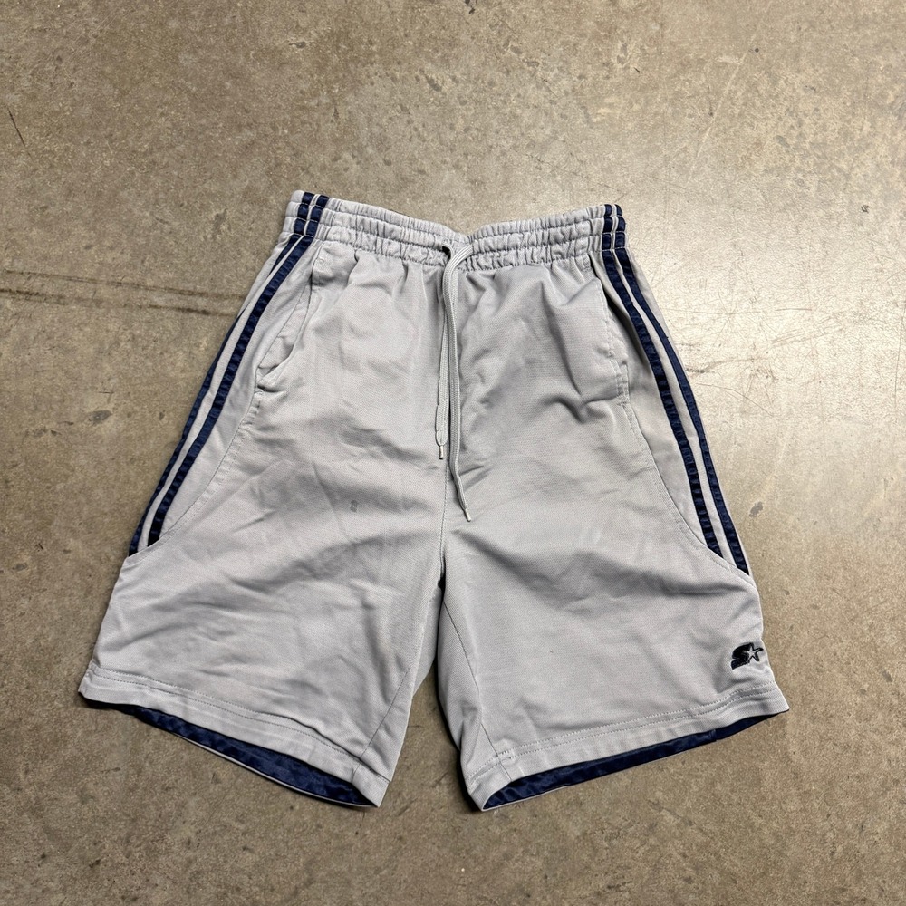 Starter Mens Grey Mesh Athletic Gym Shorts Navy Blue Stripes Drawstring Pocket